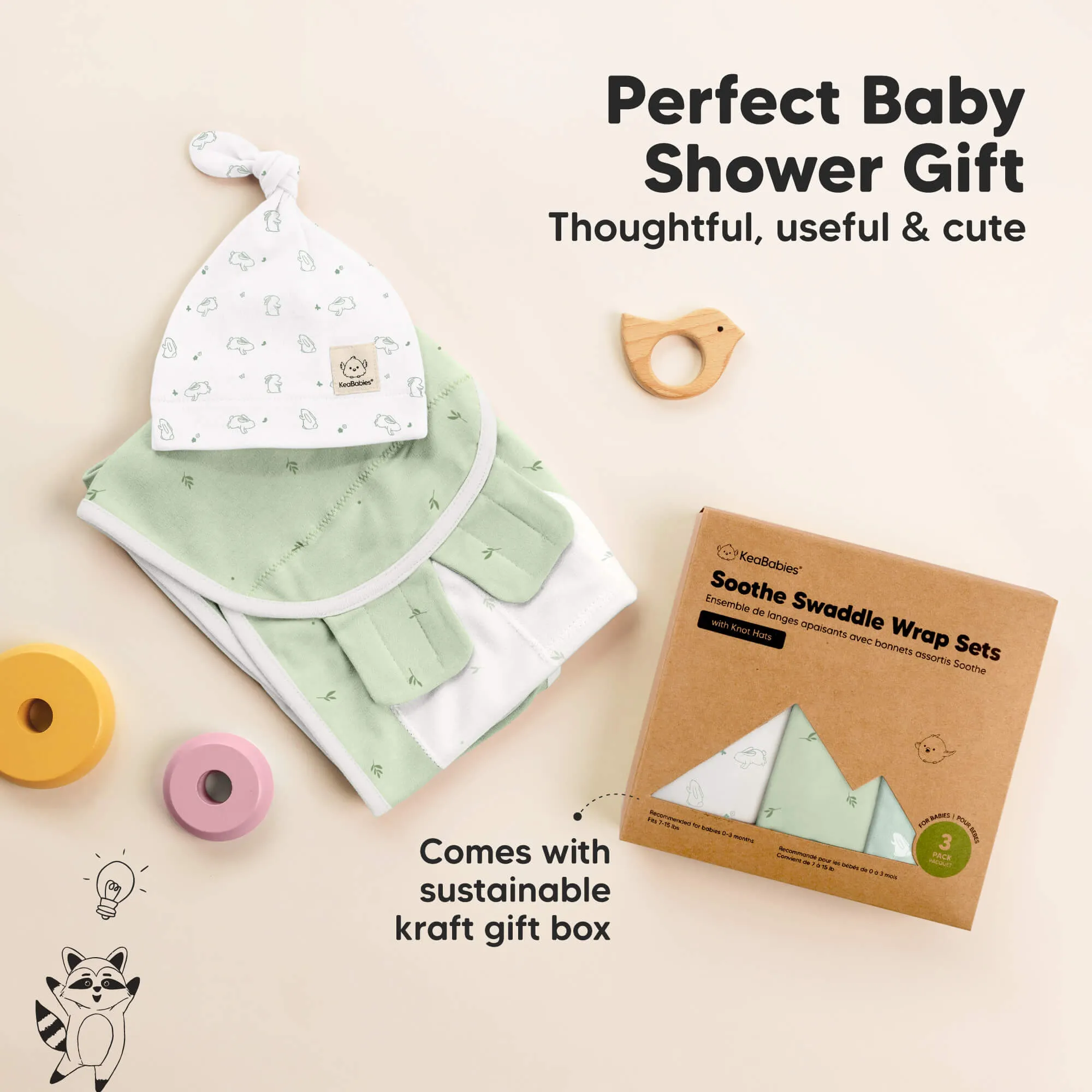 3-Pack Soothe Swaddle Wraps with Knot Hats (Bunnies)