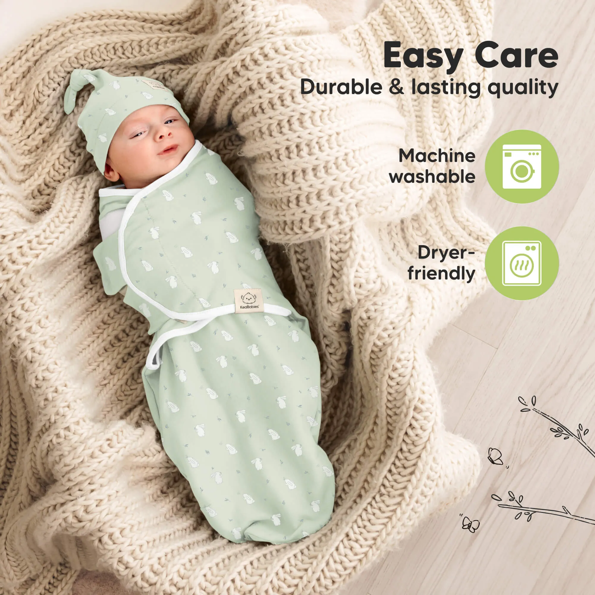 3-Pack Soothe Swaddle Wraps with Knot Hats (Bunnies)