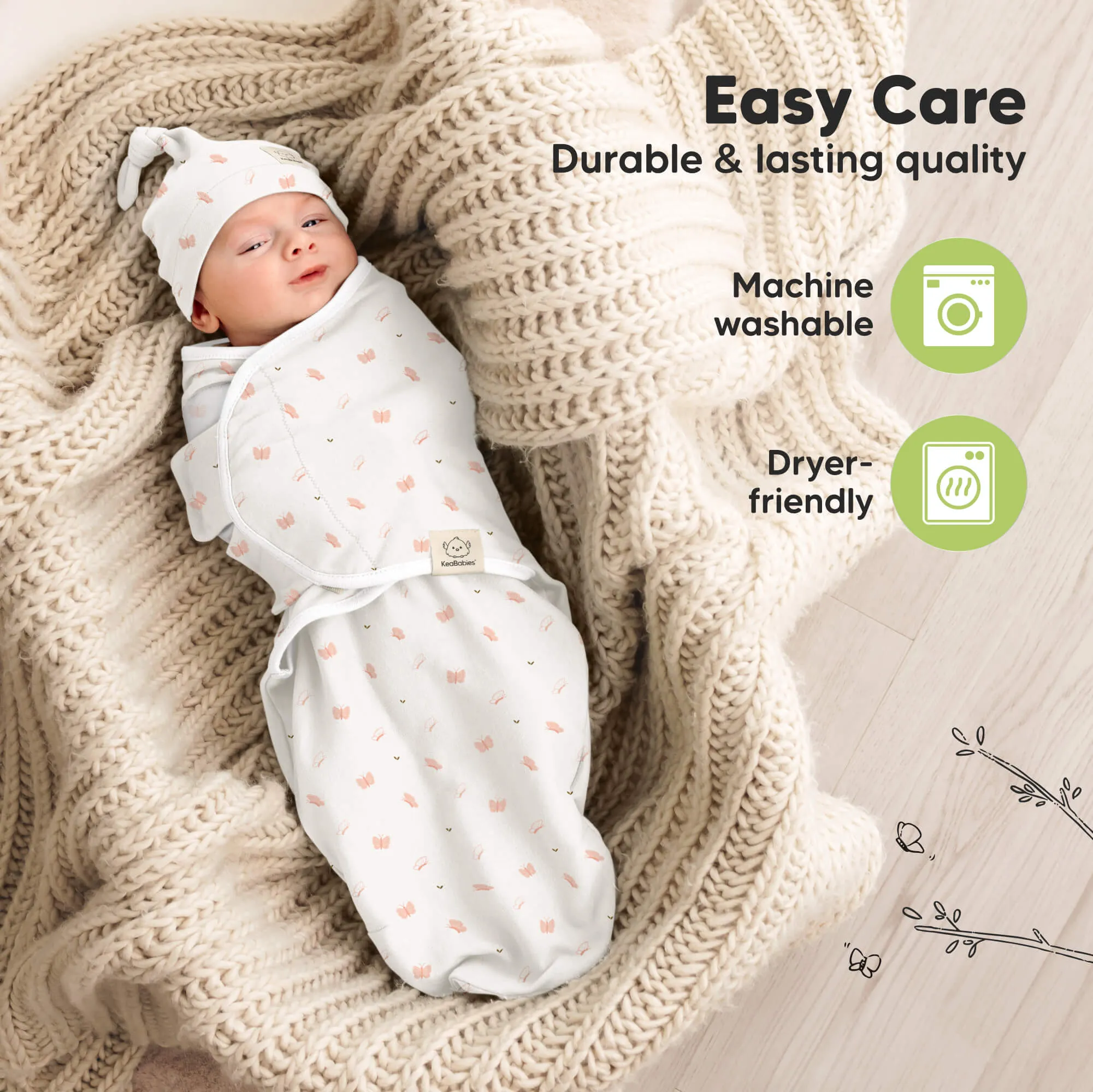 3-Pack Soothe Swaddle Wraps with Knot Hats (Butterflies)