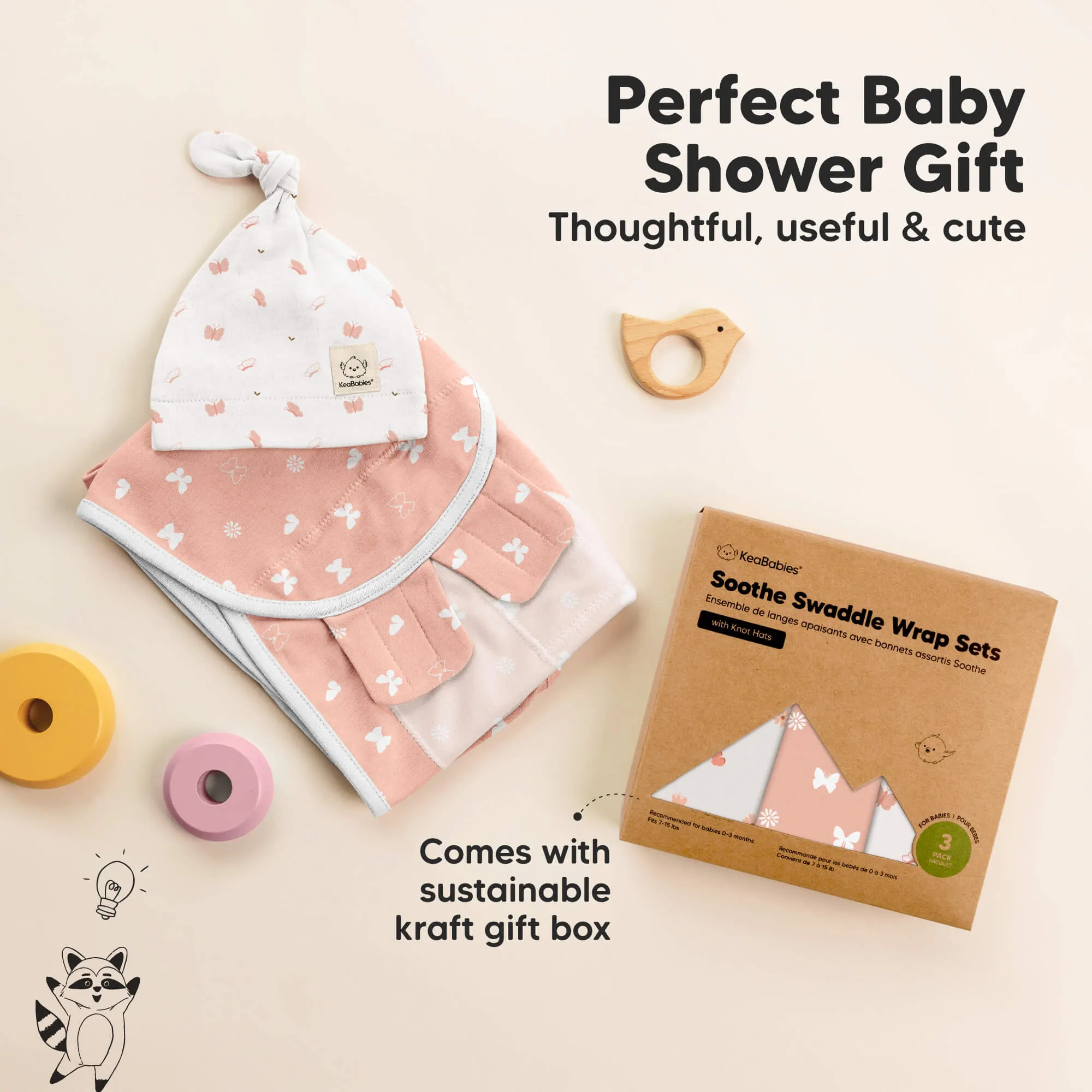 3-Pack Soothe Swaddle Wraps with Knot Hats (Butterflies)
