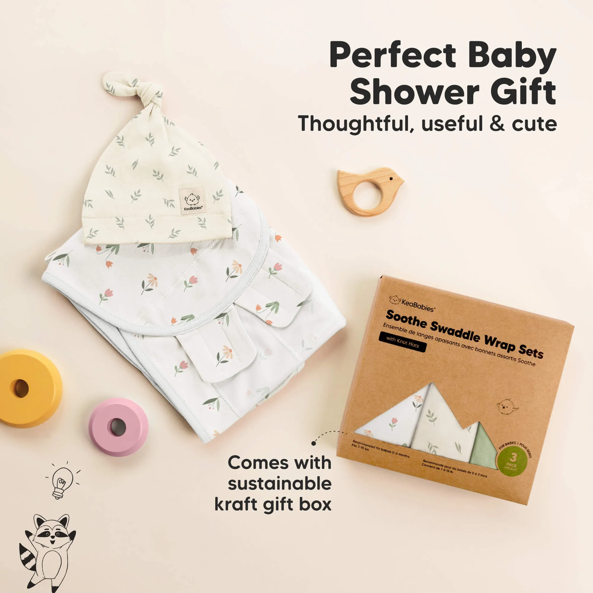3-Pack Soothe Swaddle Wraps with Knot Hats (Fleur)