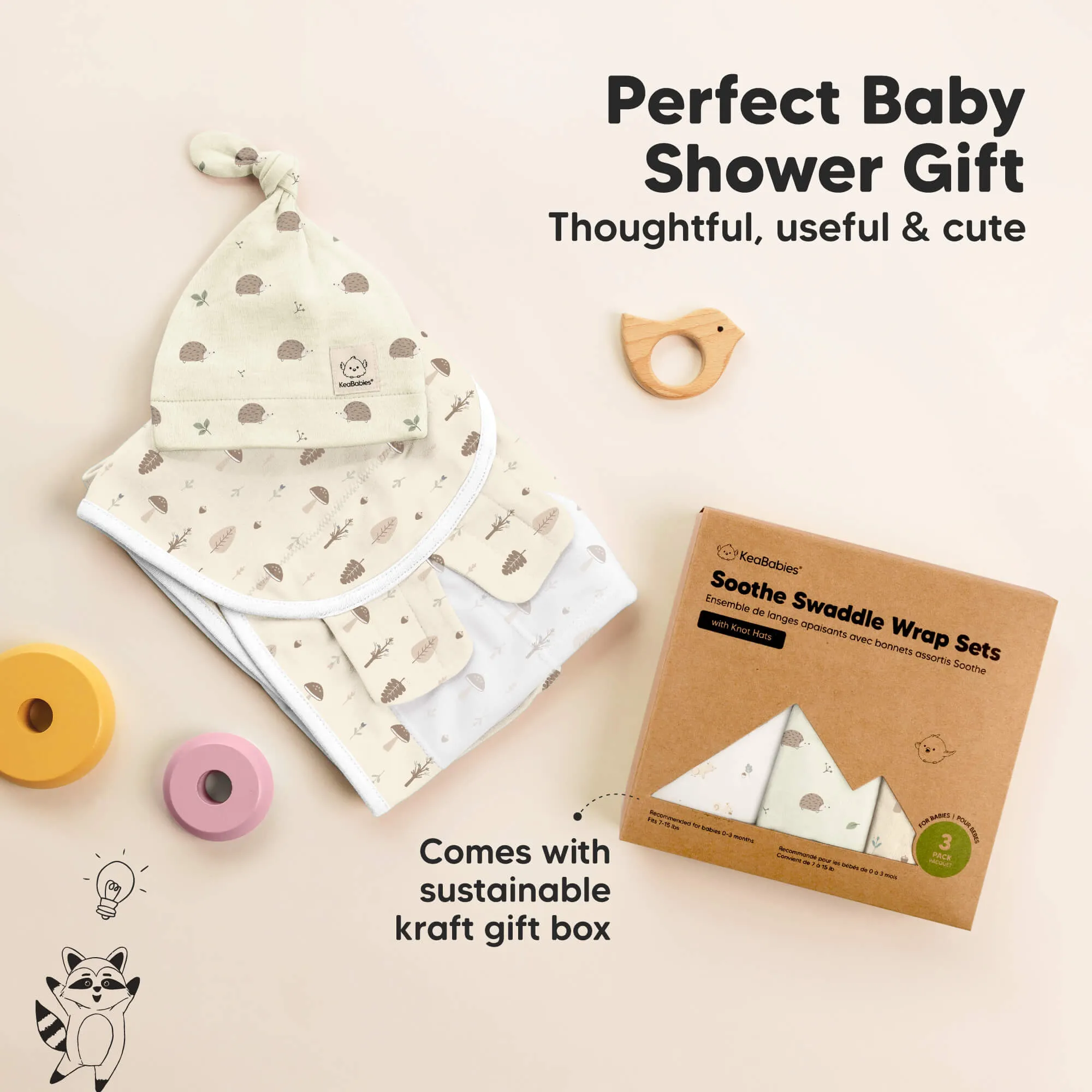 3-Pack Soothe Swaddle Wraps with Knot Hats (Nibbles/Bruce)