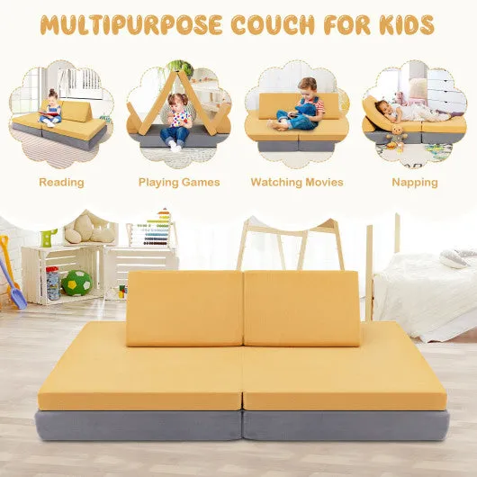 4 Pieces Convertible Kids Couch Set With 2 Folding Mats-Yellow