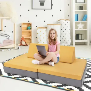 4 Pieces Convertible Kids Couch Set With 2 Folding Mats-Yellow