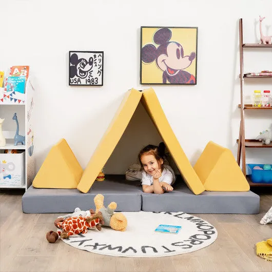 4 Pieces Convertible Kids Couch Set With 2 Folding Mats-Yellow
