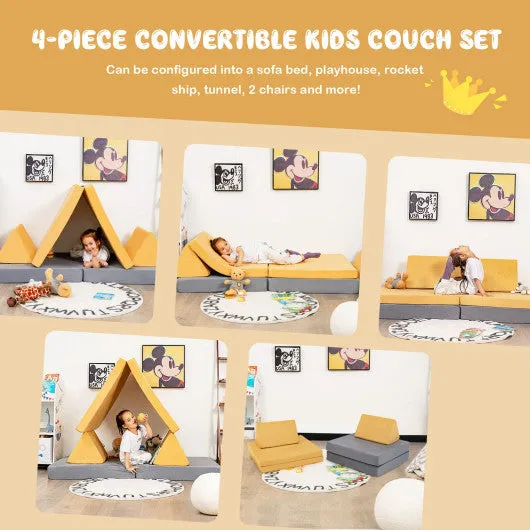 4 Pieces Convertible Kids Couch Set With 2 Folding Mats-Yellow