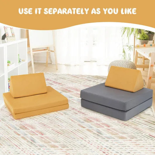 4 Pieces Convertible Kids Couch Set With 2 Folding Mats-Yellow