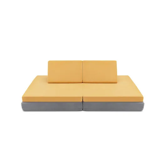 4 Pieces Convertible Kids Couch Set With 2 Folding Mats-Yellow