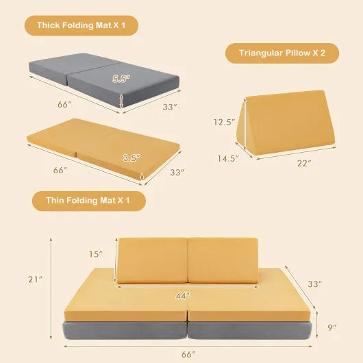 4 Pieces Convertible Kids Couch Set With 2 Folding Mats-Yellow