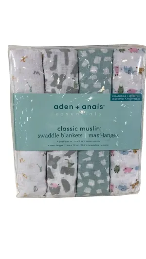 Aden   Anais Cotton Muslin Swaddle, 4 Pack, 44" x 44", Alphabet Animals, Classic Muslin