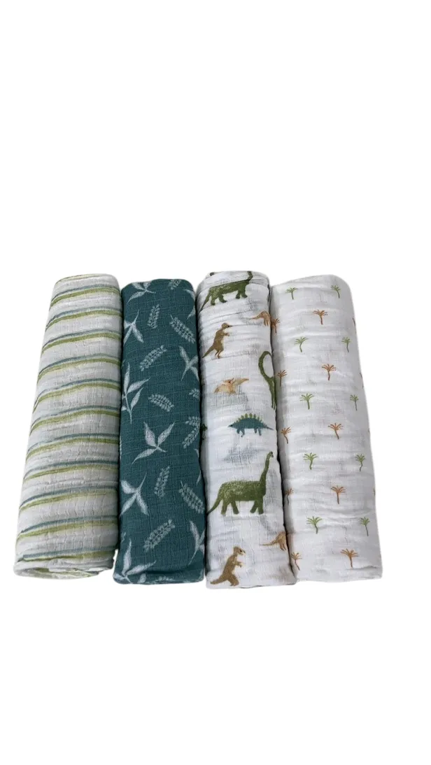 Aden   Anais Cotton Muslin Swaddle, 4 Pack, 44" x 44", Classic Muslin, Dino Jungle