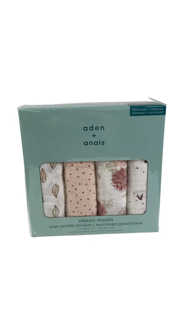 Aden   Anais Cotton Muslin Swaddle, 4 Pack, 47" x 47", Cotton Muslin, Dahlias