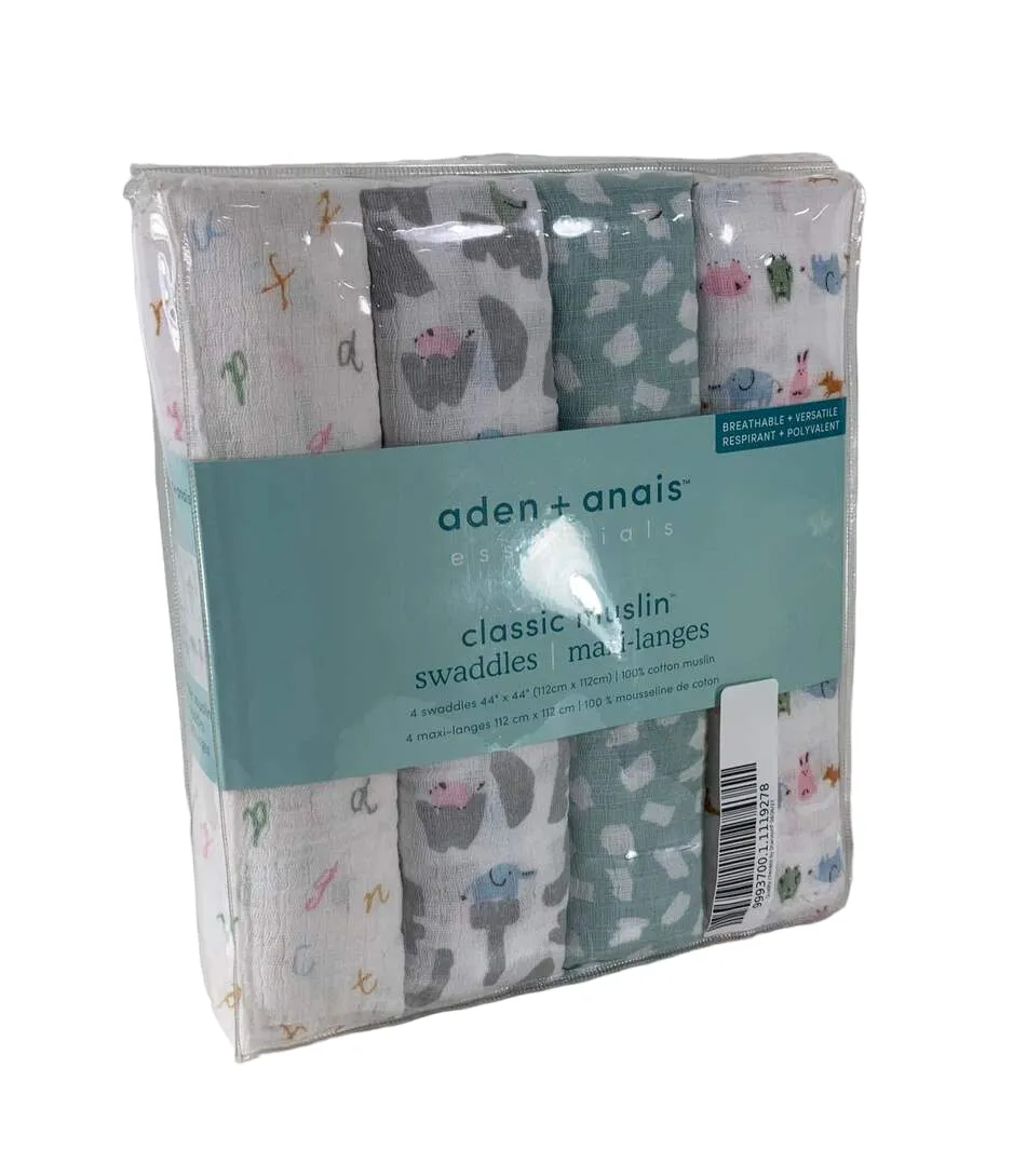 Aden   Anais Swaddle Classic Muslin 4 Pack Alphabet Animals 44" x 44"