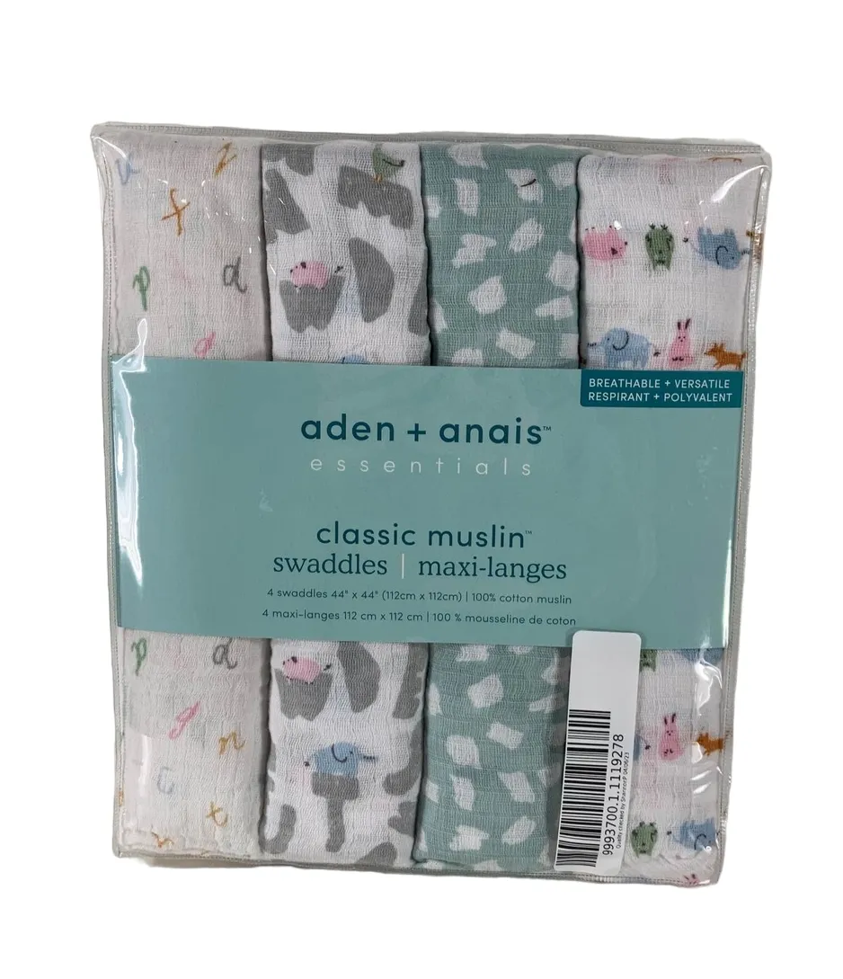 Aden   Anais Swaddle Classic Muslin 4 Pack Alphabet Animals 44" x 44"