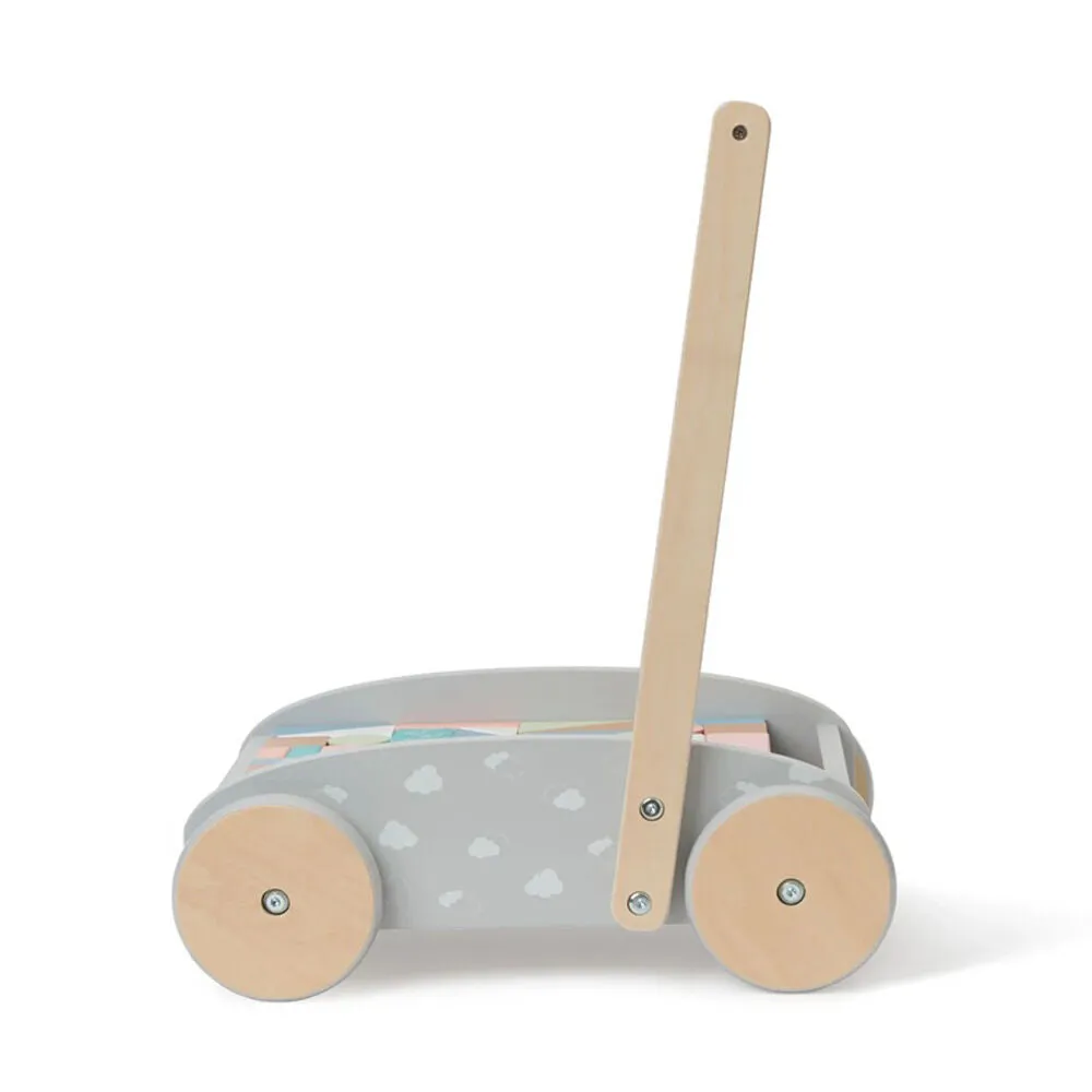 Bubble Wooden Baby Push Cart & Walker with 45 Building Blocks
