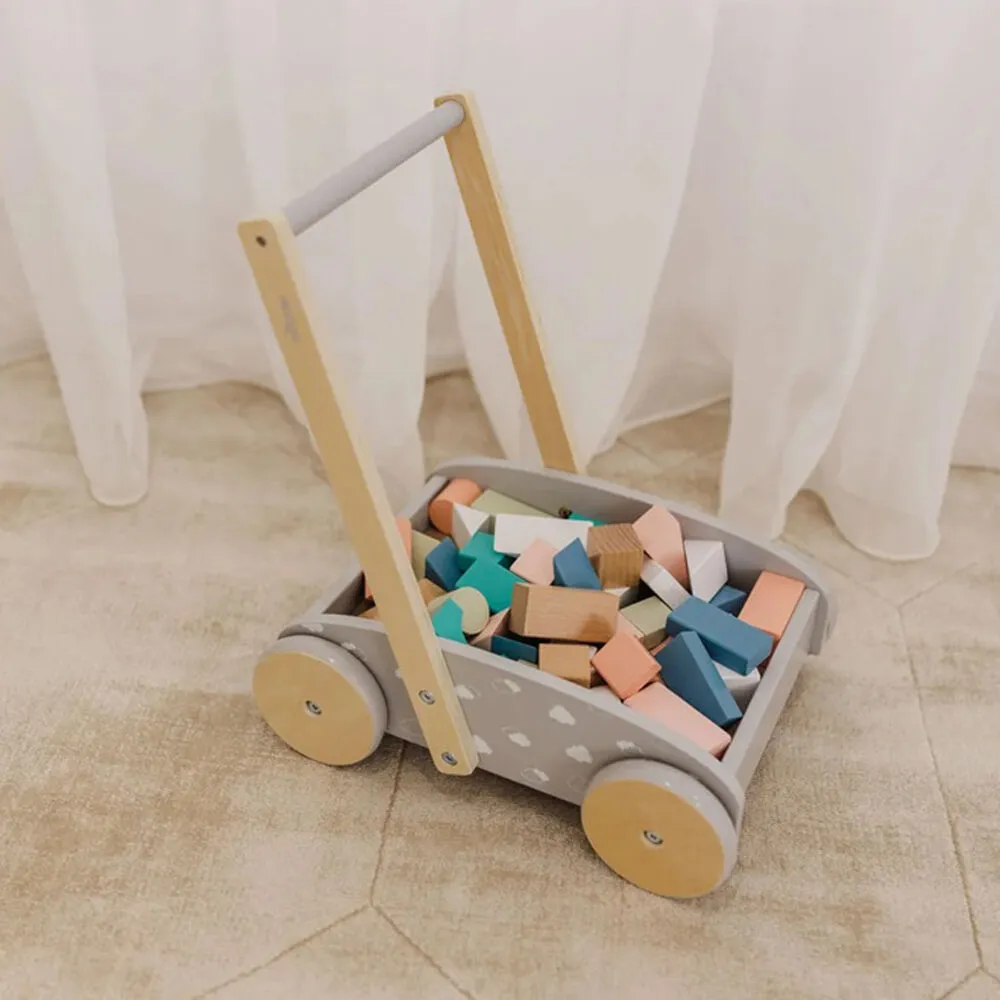 Bubble Wooden Baby Push Cart & Walker with 45 Building Blocks