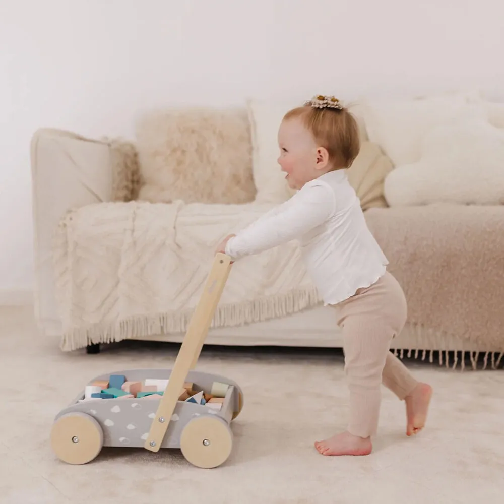 Bubble Wooden Baby Push Cart & Walker with 45 Building Blocks