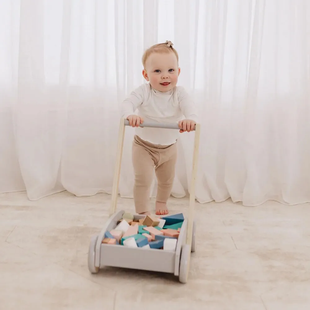 Bubble Wooden Baby Push Cart & Walker with 45 Building Blocks