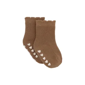 Scalloped Heart Grip Socks - Brown