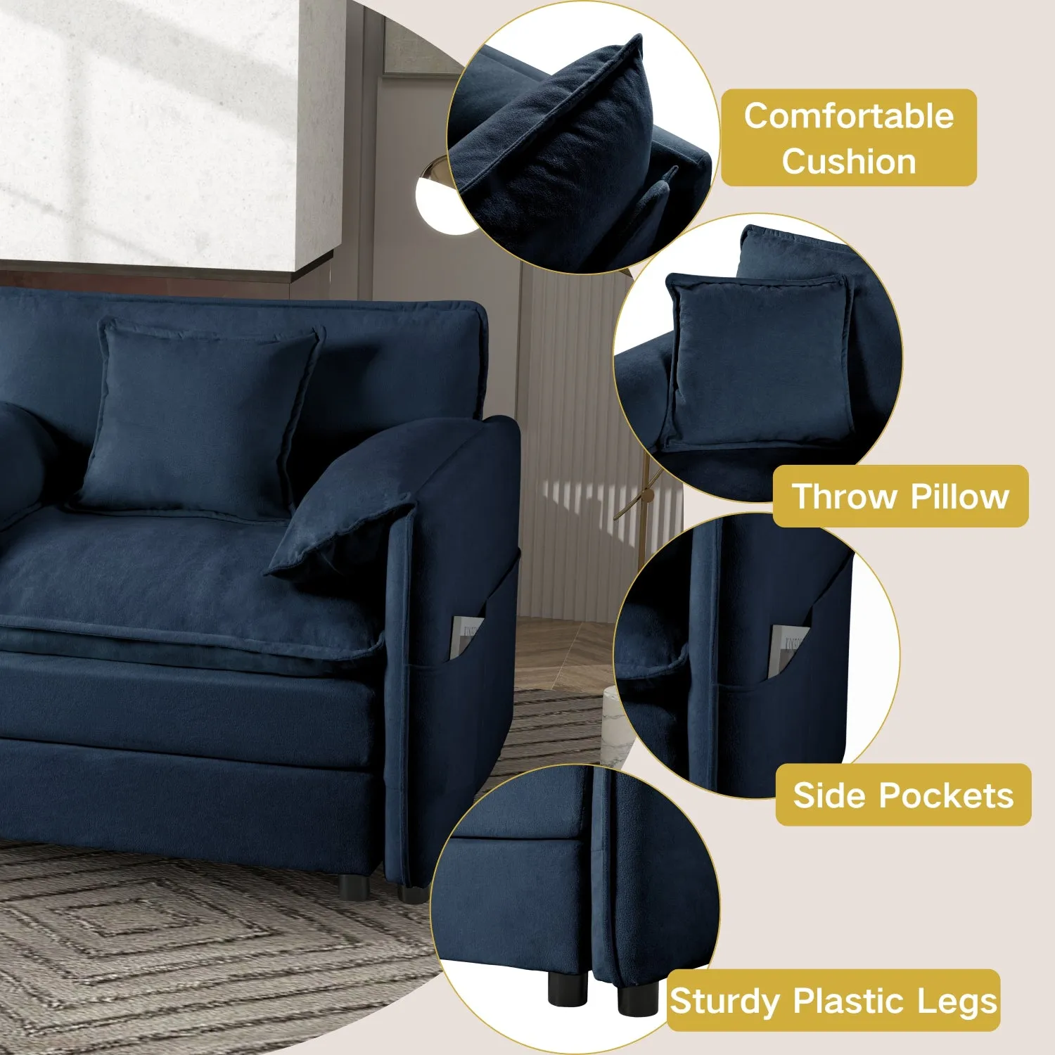 Streamdale Deep Seat Cloud Sofa with Ottomans & Pillows, Modular Couch, Blue