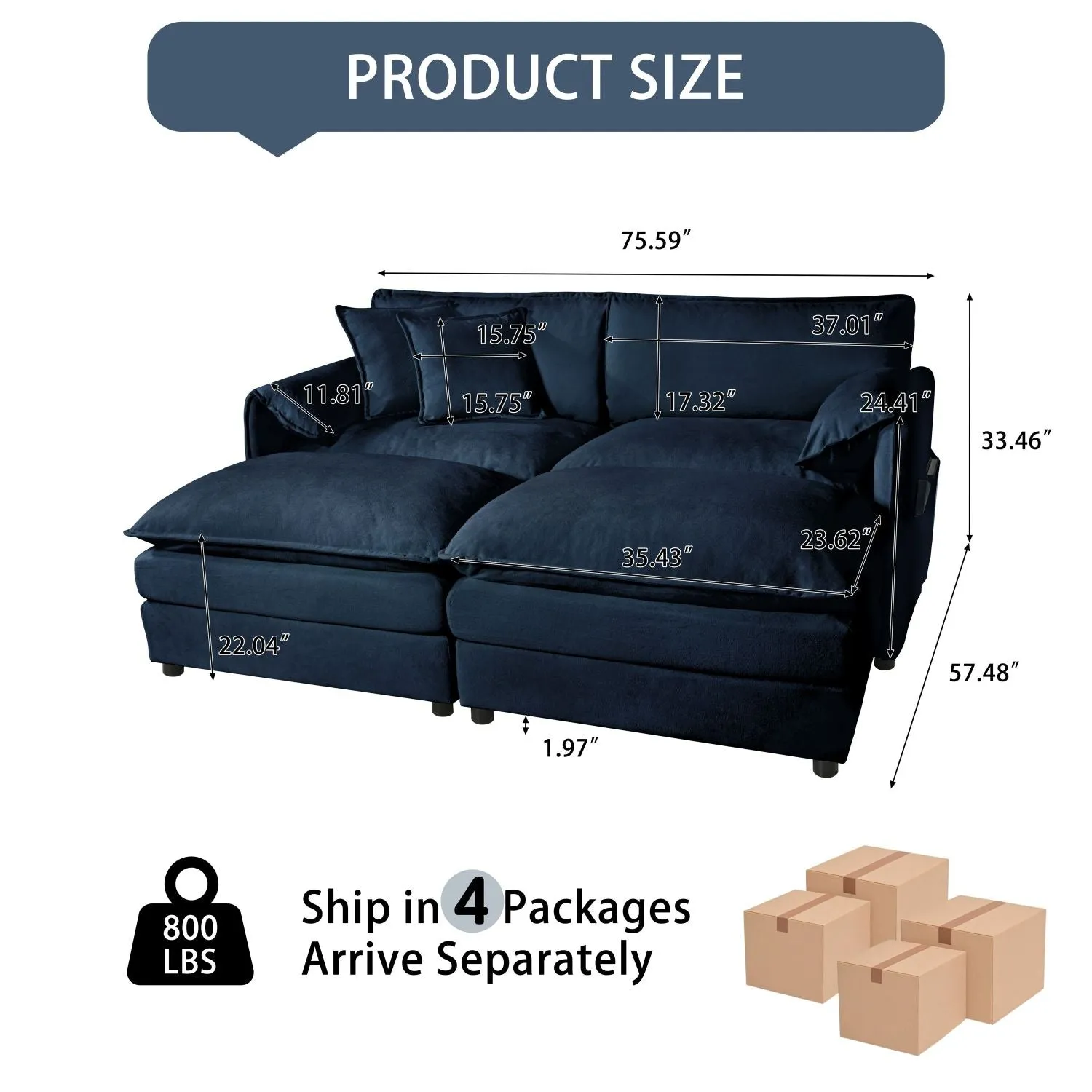 Streamdale Deep Seat Cloud Sofa with Ottomans & Pillows, Modular Couch, Blue