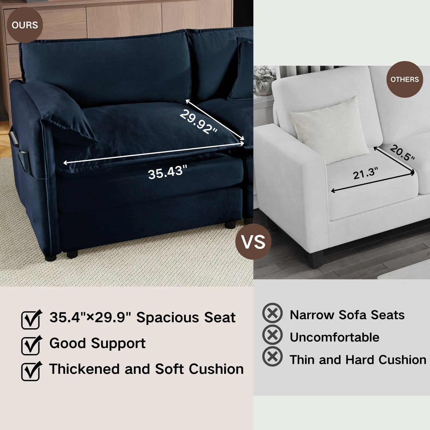 Streamdale Deep Seat Cloud Sofa with Ottomans & Pillows, Modular Couch, Blue