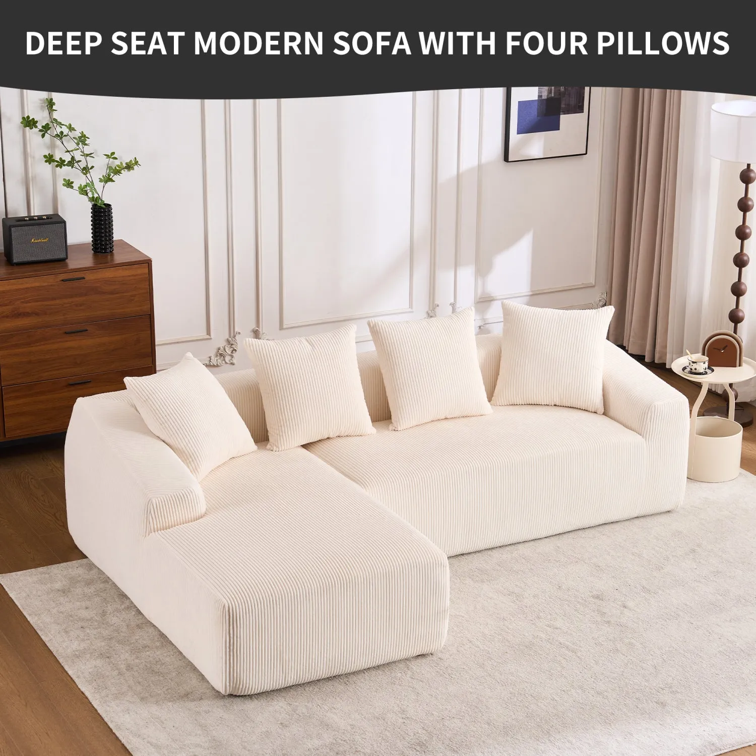 Streamdale White Corduroy Compression Sofa with Chaise & Pillows