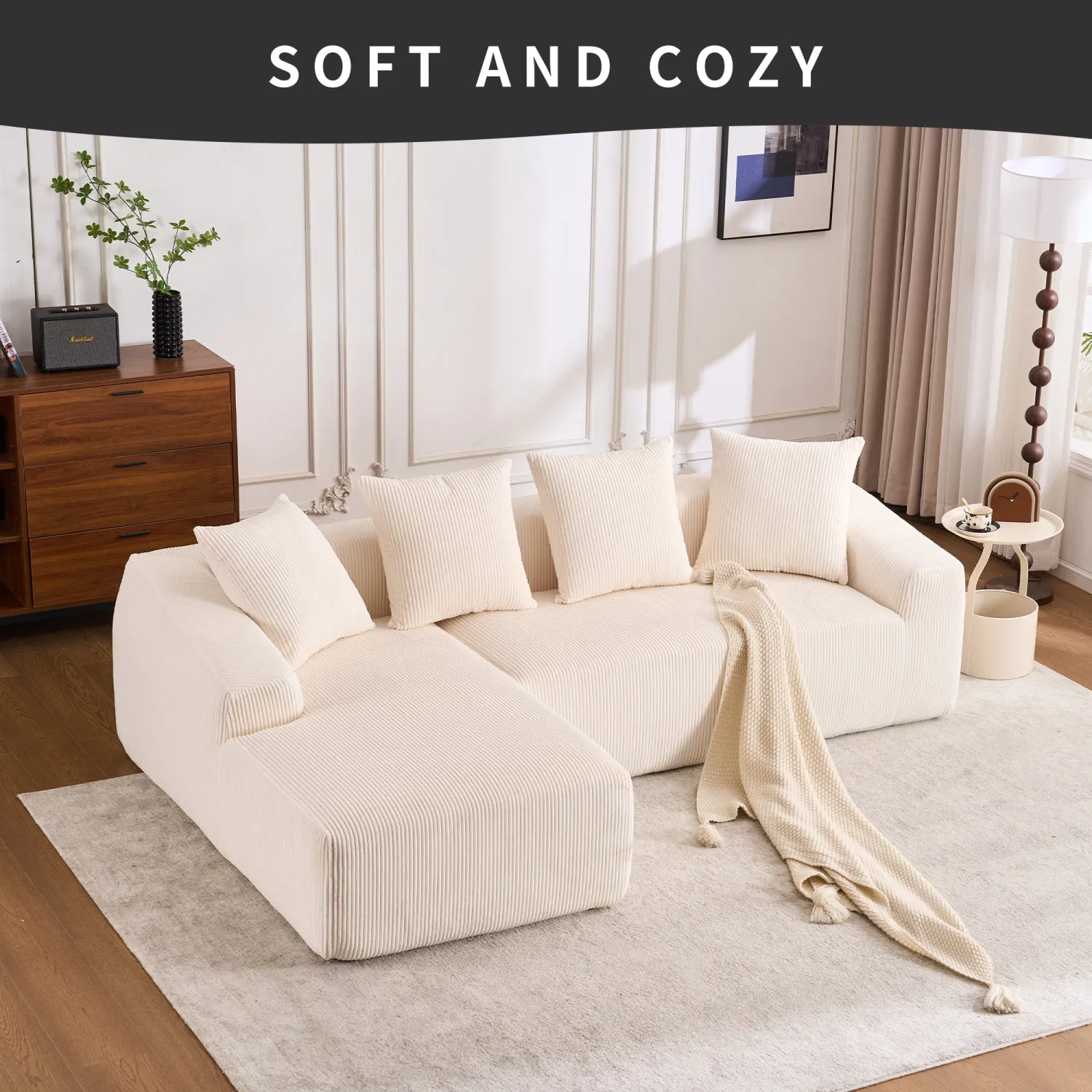 Streamdale White Corduroy Compression Sofa with Chaise & Pillows