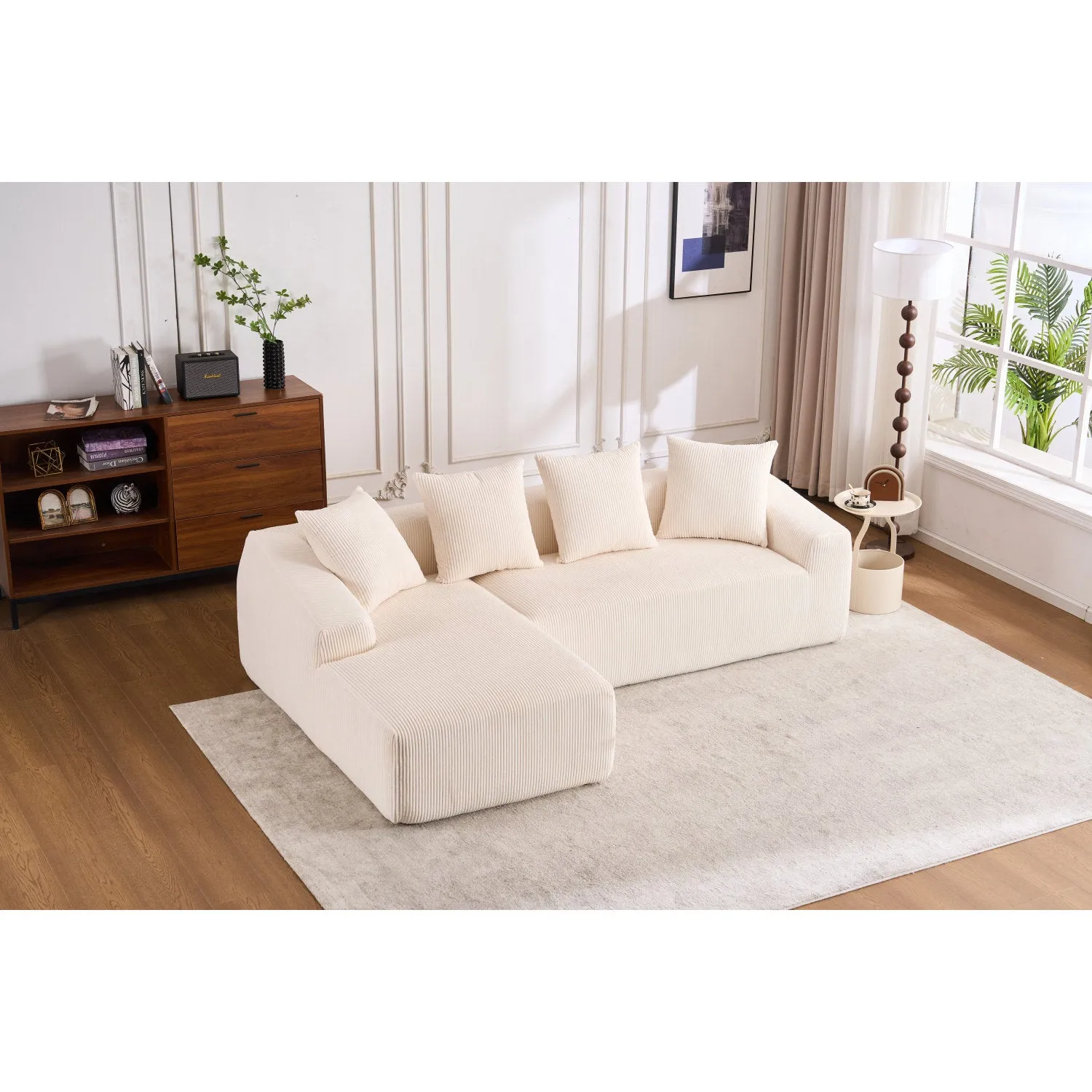 Streamdale White Corduroy Compression Sofa with Chaise & Pillows