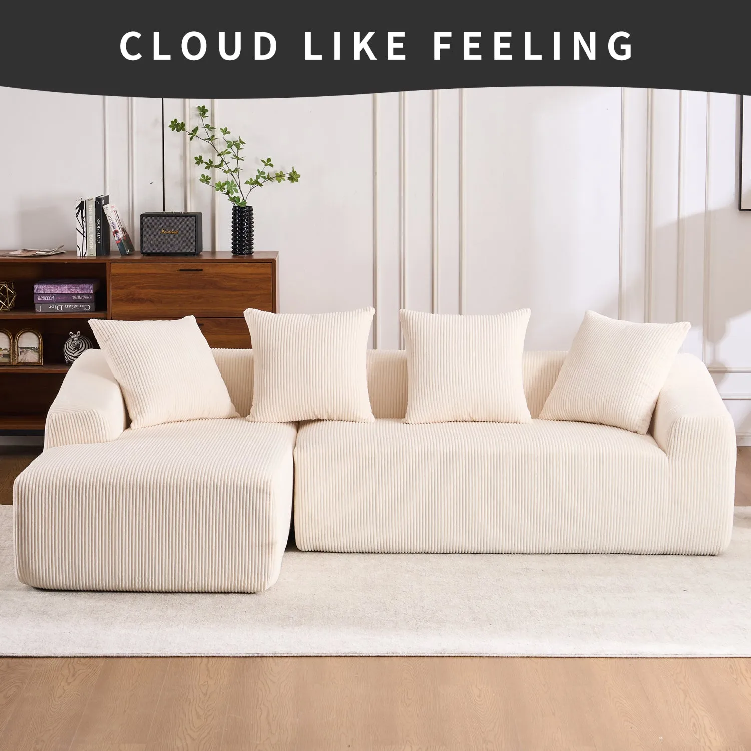 Streamdale White Corduroy Compression Sofa with Chaise & Pillows